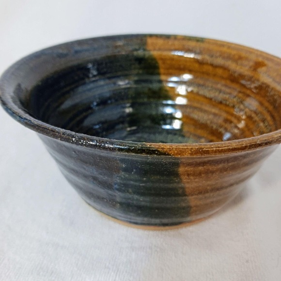 Studio Pottery Half/Half Glaze Dark and Neutral Glazed Cereal Soup Bowl Drop Key - Picture 1 of 12